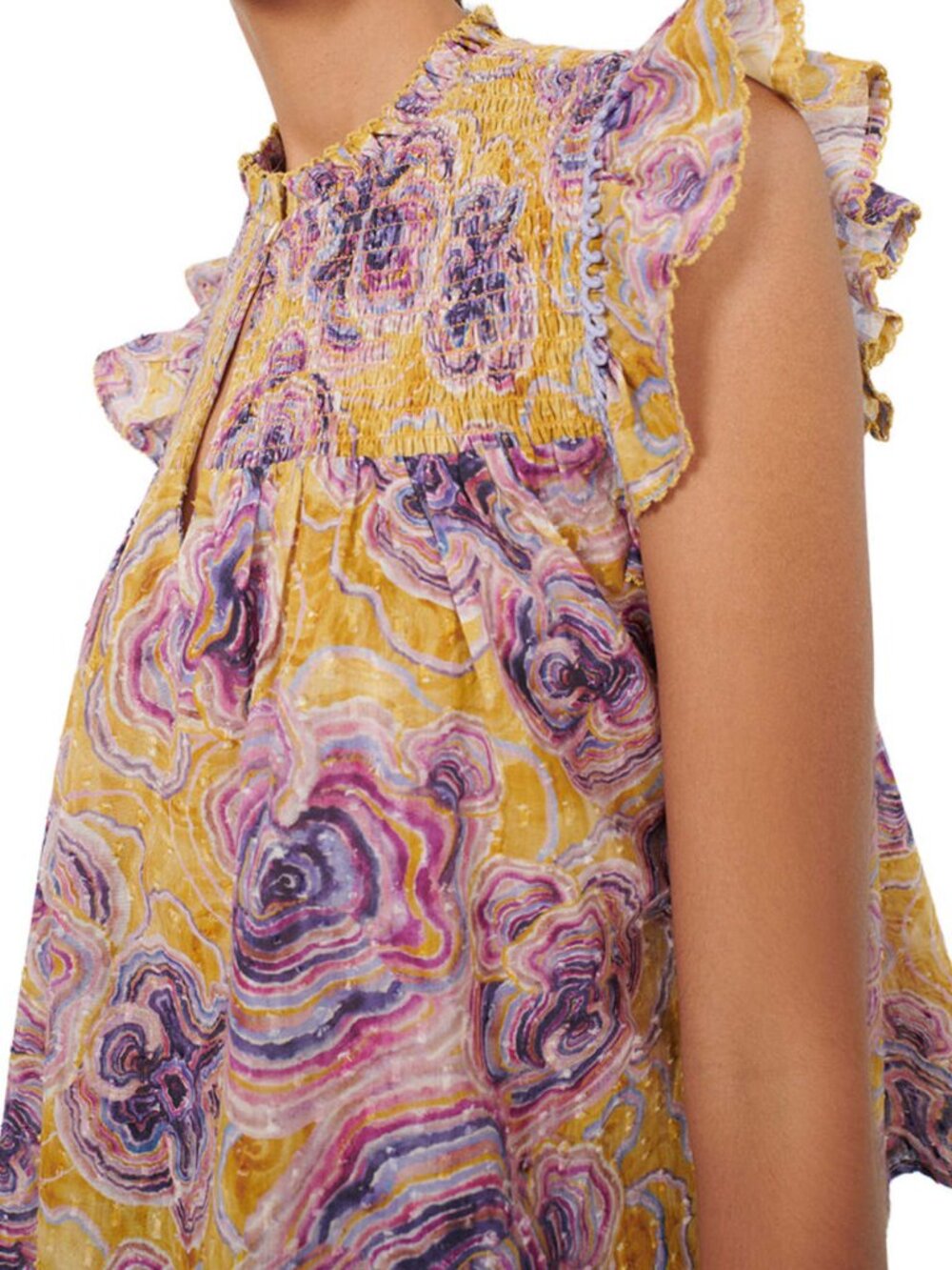 Chufy Juni Mikkel Smocked Floral Flutter-Sleeve Blouse Size M
